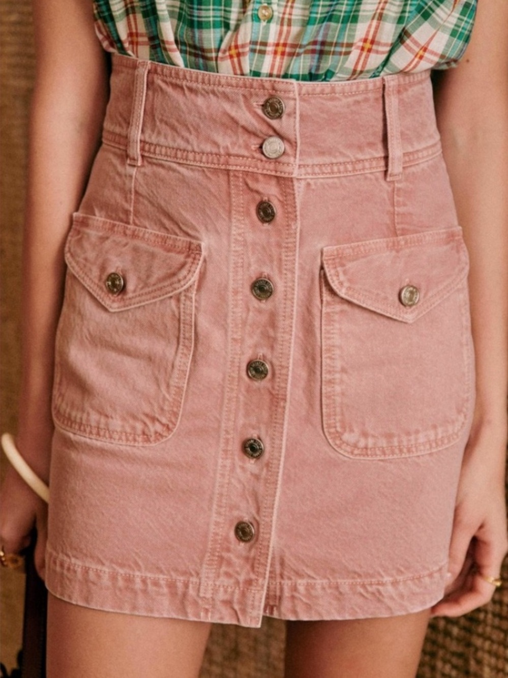 SEZANE Bettie Pink Button-Front Mini Denim Skirt. Size 36 (US 4)